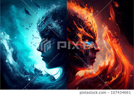 Clash of the elements of fire and water. AI generated. Clash of the elements of fire and water. AI generated. 107434661