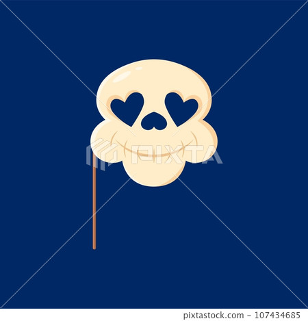 Cartoon Halloween photo booth skull mask with props. Isolated vector cranium face with heart shaped eyes and nose holes, smiling mouth and holder. Playful accessory to spooky snapshots, and party fun Cartoon Halloween photo booth skull mask with props. Isolated vector cranium face with heart shaped eyes and nose holes, smiling mouth and holder. Playful accessory to spooky snapshots, and party fun 107434685