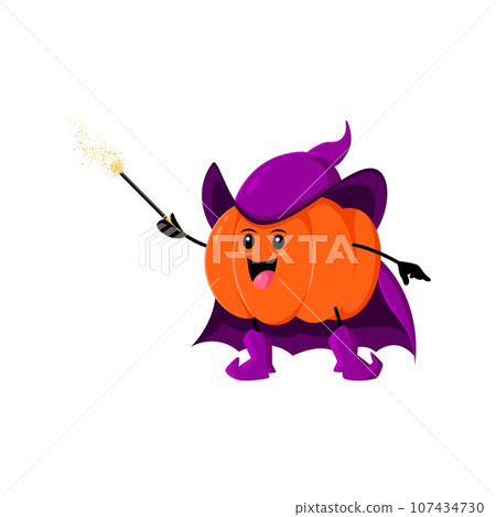 Cartoon Halloween pumpkin wizard character. Isolated vector gourd wiz personage, armed with a mystical wand, radiates enchantment and mischief, ready to conjure jack-o-lantern magic on All Hallows Eve Cartoon Halloween pumpkin wizard character. Isolated vector gourd wiz personage, armed with a mystical wand, radiates enchantment and mischief, ready to conjure jack-o-lantern magic on All Hallows Eve 107434730