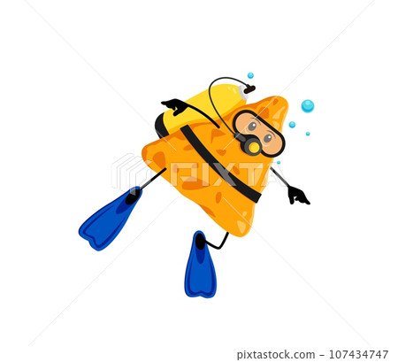Cartoon fast food nachos chip diver character. Mexican fast food snack funny character, junk food cafe meal or takeaway menu nacho chip cheerful vector personage or childish mascot diving in sea Cartoon fast food nachos chip diver character. Mexican fast food snack funny character, junk food cafe meal or takeaway menu nacho chip cheerful vector personage or childish mascot diving in sea 107434747