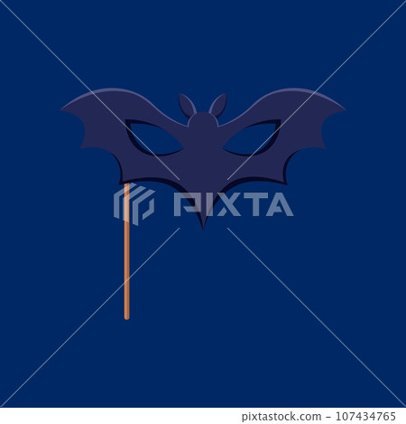 Cartoon Halloween bat photo booth mask with props. Isolated vector black winged animal accessory with holes for eyes, adding a touch of spooky fun to photobooth fun, carnival look and photo memories Cartoon Halloween bat photo booth mask with props. Isolated vector black winged animal accessory with holes for eyes, adding a touch of spooky fun to photobooth fun, carnival look and photo memories 107434765