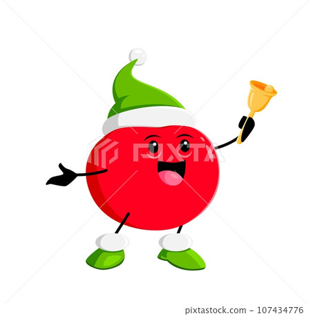 Cartoon tomato vegetable character with jingle bell. Isolated vector ripe fresh garden veggies personage wear green festive hat joyfully knolling, celebrate Xmas holiday cheer with a whimsical touch 107434776