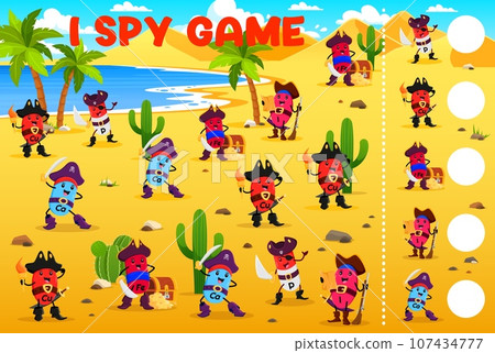 I spy game worksheet. vitamins and micronutrient pirates and corsair characters. Objects counting kids quiz or game vector worksheet with Fe, P, Cu and Ca filibuster pirate funny personages on beach 107434777
