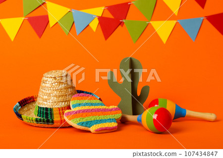 Mexican maracas, cactus and sombrero on color background Mexican maracas, cactus and sombrero on color background 107434847