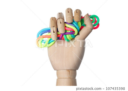 PNG,a knot of colorful laces in a wooden hand, isolated on white background 107435398