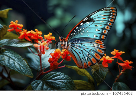 A delicate butterfly perching on a vibrant flower A delicate butterfly perching on a vibrant flower 107435402
