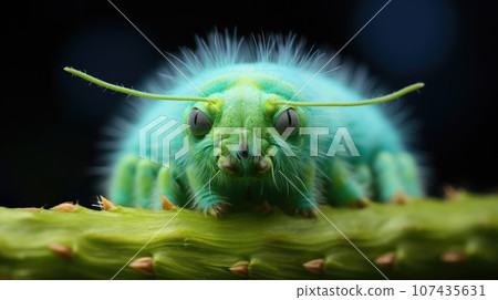 Close-up view of a green swallowtail caterpillar crawling on a plant twig Close-up view of a green swallowtail caterpillar crawling on a plant twig 107435631