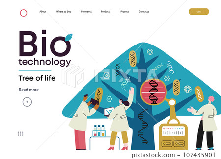 Bio Technology, Tree of life - modern flat vector concept illustration of scientists observing the tree, whose leaves represent various types of DNA. Metaphor of genetic research and diversity of life Bio Technology, Tree of life - modern flat vector concept illustration of scientists observing the tree, whose leaves represent various types of DNA. Metaphor of genetic research and diversity of life 107435901