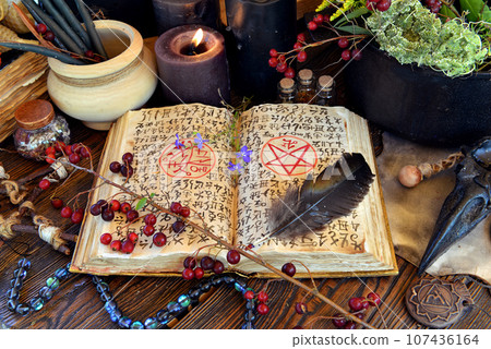 Magic book of spells with black quill and candle. No foreign language, only fantasy symbols. Occult, esoteric and divination still life. Mystic Halloween background with vintage objects Magic book of spells with black quill and candle. No foreign language, only fantasy symbols. Occult, esoteric and divination still life. Mystic Halloween background with vintage objects 107436164