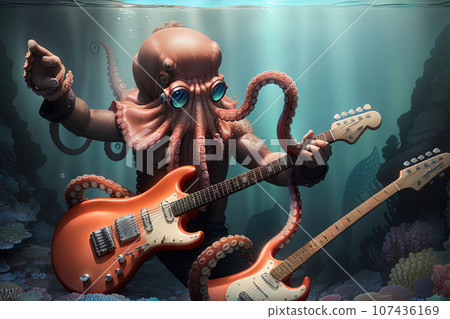 Cute Octopus Playing Guitar Music Cartoon Illustration. Animal Music Icon Concept Cute Octopus Playing Guitar Music Cartoon Illustration. Animal Music Icon Concept 107436169