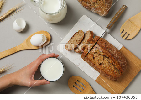 Breakfast tasty food concept - milk with bakery products Breakfast tasty food concept - milk with bakery products 107436355