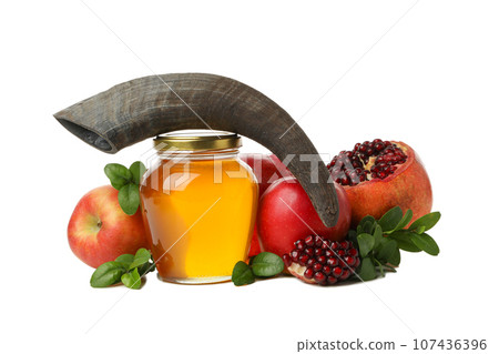PNG, apples, pomegranates, jar of honey and horn, isolated on white background PNG, apples, pomegranates, jar of honey and horn, isolated on white background 107436396