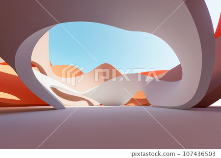 Abstract white and orange twisted wall desert concept, Minimal style, architecture with blue sky background, 3d render 107436503