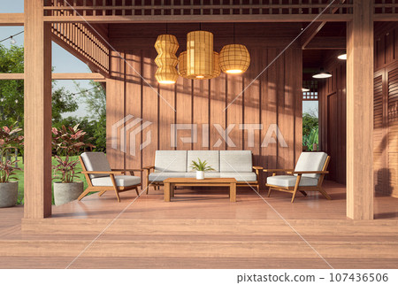Contemporary wooden terrace with plank wall 3d render Contemporary wooden terrace with plank wall 3d render 107436506