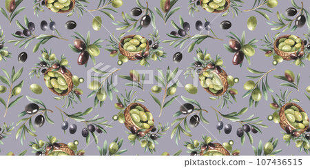 Seamless pattern with black and green olive branches and wooden bowl on grey background. Hand drawn watercolor illustration. For fabric, textile, wallpaper, design Seamless pattern with black and green olive branches and wooden bowl on grey background. Hand drawn watercolor illustration. For fabric, textile, wallpaper, design 107436515