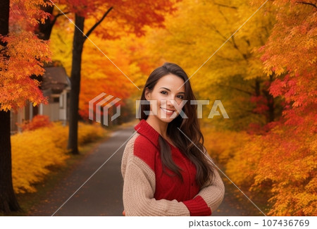 woman under autumn leaves 107436769