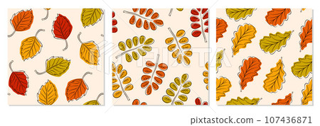 Collection of 3 seamless pattern with autumn leaves in line art style. Great for backgrounds, cards, gift wrapping paper, home decor. Vector illustration. Collection of 3 seamless pattern with autumn leaves in line art style. Great for backgrounds, cards, gift wrapping paper, home decor. Vector illustration. 107436871