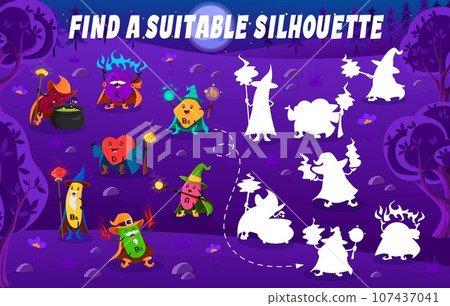 Find a suitable silhouette of cartoon vitamin wizard. Silhouette find quiz vector worksheet, shadow match, similarity search game with P, E, B2 and D, A, B5, B6 vitamins sorcerers funny personages Find a suitable silhouette of cartoon vitamin wizard. Silhouette find quiz vector worksheet, shadow match, similarity search game with P, E, B2 and D, A, B5, B6 vitamins sorcerers funny personages 107437041