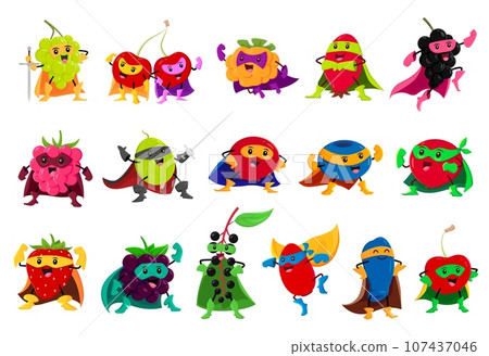 Cartoon berry superhero and defender characters. Vector cranberry, blackberry, rosehip and birds cherry. Honey berry, barberry, cloudberry and blueberry. Gooseberry, grapes, raspberry or strawberry 107437046