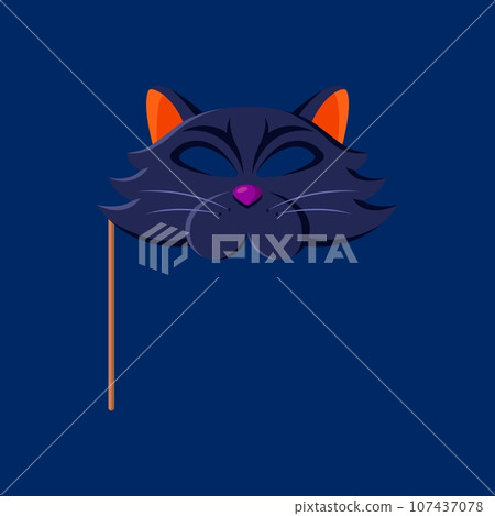 Cartoon Halloween black cat photo booth mask with props. Isolated vector whimsical carnival item, featuring kitten muzzle, adds feline charm to your spooky snapshots during bewitching costume party Cartoon Halloween black cat photo booth mask with props. Isolated vector whimsical carnival item, featuring kitten muzzle, adds feline charm to your spooky snapshots during bewitching costume party 107437078