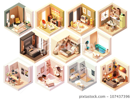 Vector isometric home rooms interiors set 107437396