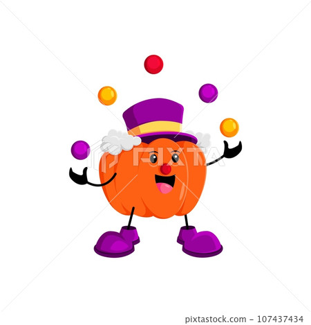 Cartoon Halloween pumpkin character dons a colorful clown costume while skillfully juggling balls, adding playful charm to the spooky festivities. Isolated vector cheerful funnyman gourd personage 107437434