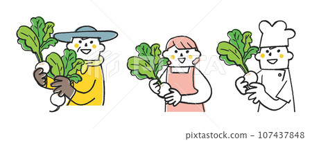 Autumn/winter sowing vegetables - farmer holding turnip, housewife, cook set illustration material 107437848