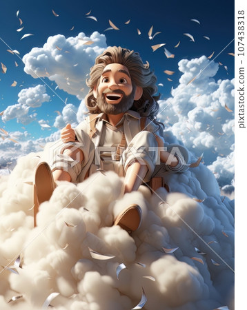 Cartoon Jesus Christ sitting in the clouds in the heavens of paradise. AI 107438318