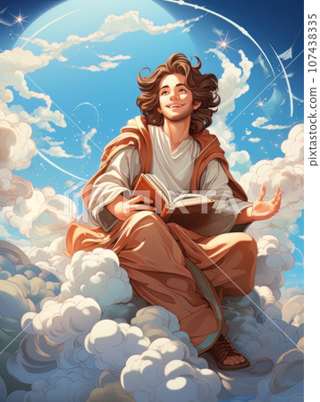 Cartoon Jesus Christ sitting in the clouds in the heavens of paradise. AI 107438335