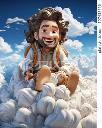Cartoon Jesus Christ sitting in the clouds in the heavens of paradise. AI 107438336