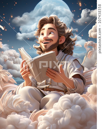 Cartoon Jesus Christ sitting in the clouds in the heavens of paradise. AI 107438358