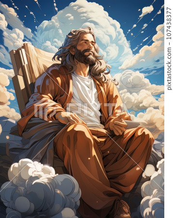 Cartoon Jesus Christ sitting in the clouds in the heavens of paradise. AI 107438377