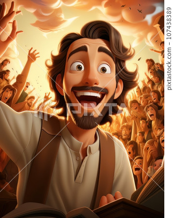 Cartoon Jesus Christ greets and rejoices on a sunny day. AI 107438389