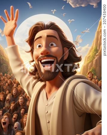 Cartoon Jesus Christ greets and rejoices on a sunny day. AI Cartoon Jesus Christ greets and rejoices on a sunny day. AI 107438400