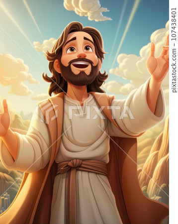 Cartoon Jesus Christ greets and rejoices on a sunny day. AI Cartoon Jesus Christ greets and rejoices on a sunny day. AI 107438401