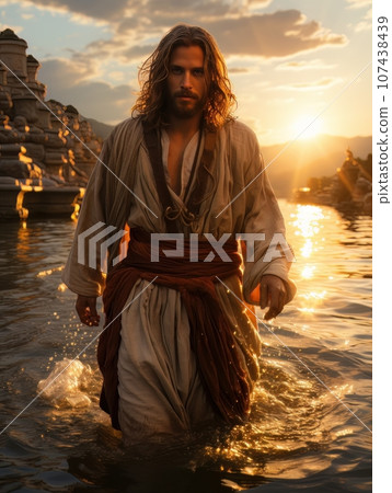 Jesus Christ walks on the surface of the water. AI Jesus Christ walks on the surface of the water. AI 107438439