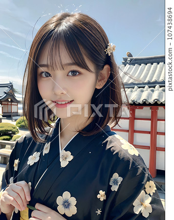 AI image: A young woman wearing a kimono visiting a shrine in the blue sky for the first visit of the year 107438694