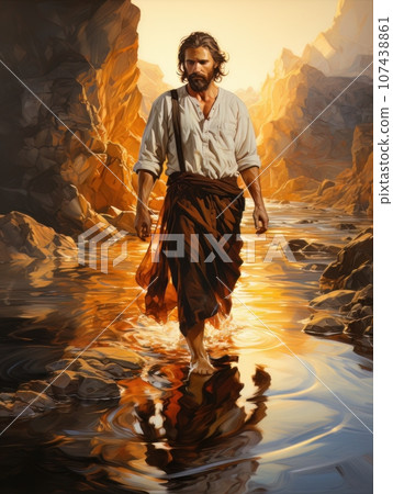 Jesus Christ walks on the surface of the water. AI 107438861