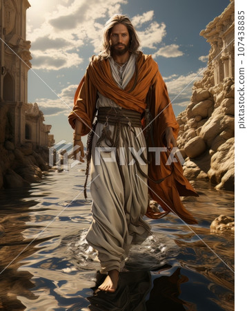 Jesus Christ walks on the surface of the water. AI 107438885