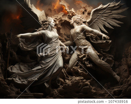 Confrontation between angel and demon, good and evil, Christian oil painting. AI Confrontation between angel and demon, good and evil, Christian oil painting. AI 107438916