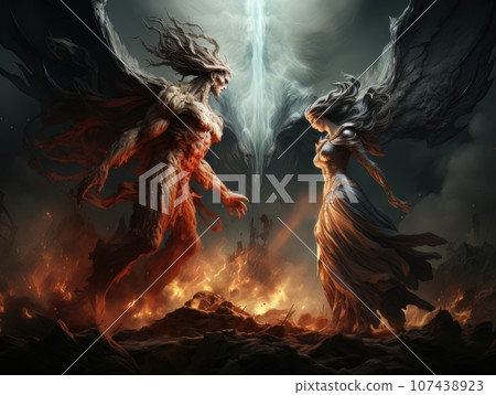 Confrontation between angel and demon, good and evil, Christian oil painting. AI Confrontation between angel and demon, good and evil, Christian oil painting. AI 107438923