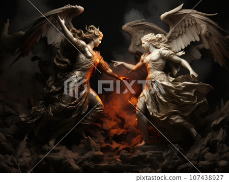 Confrontation between angel and demon, good and evil, Christian oil painting. AI Confrontation between angel and demon, good and evil, Christian oil painting. AI 107438927