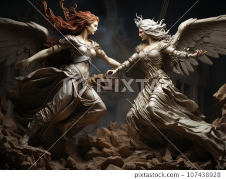 Confrontation between angel and demon, good and evil, Christian oil painting. AI Confrontation between angel and demon, good and evil, Christian oil painting. AI 107438928
