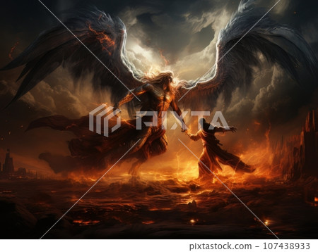 Confrontation between angel and demon, good and evil, Christian oil painting. AI 107438933