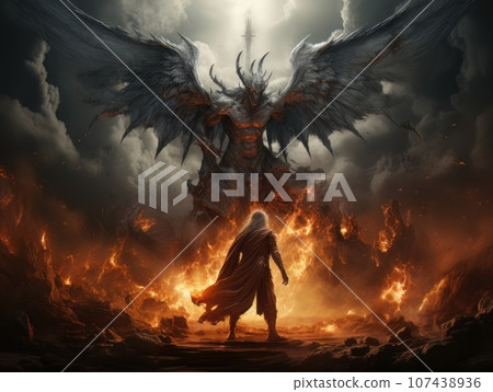 Confrontation between angel and demon, good and evil, Christian oil painting. AI 107438936