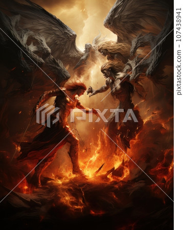 Confrontation between angel and demon, good and evil, Christian oil painting. AI 107438941