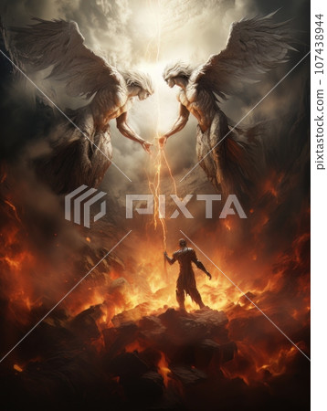 Confrontation between angel and demon, good and evil, Christian oil painting. AI Confrontation between angel and demon, good and evil, Christian oil painting. AI 107438944
