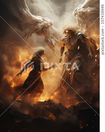 Confrontation between angel and demon, good and evil, Christian oil painting. AI Confrontation between angel and demon, good and evil, Christian oil painting. AI 107438946