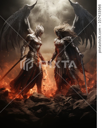Confrontation between angel and demon, good and evil, Christian oil painting. AI 107438966