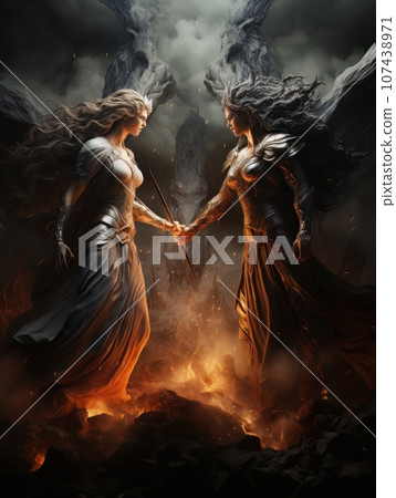 Confrontation between angel and demon, good and evil, Christian oil painting. AI 107438971
